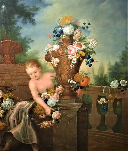 Natura Morta di fiori con Putto e Fontana